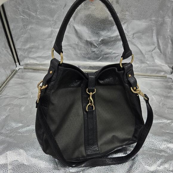 NEW Kate Landry Large Black Gold Canvas & Leather Hobo Shoulder Bag - Picture 4 of 11